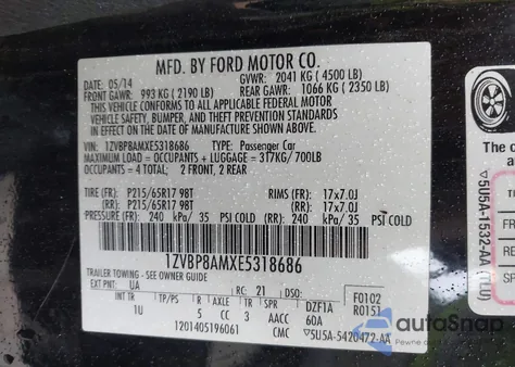 2014 Ford Mustang V6 z USA, uszkodzony, nr VIN 1ZVBP8AMXE5318686